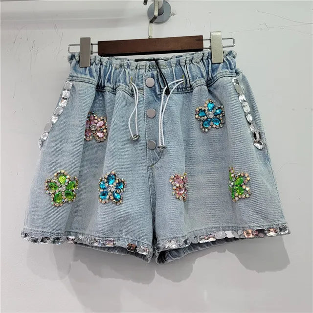 Handmade Flower Diamond Embedding Wide Leg Denim Shorts