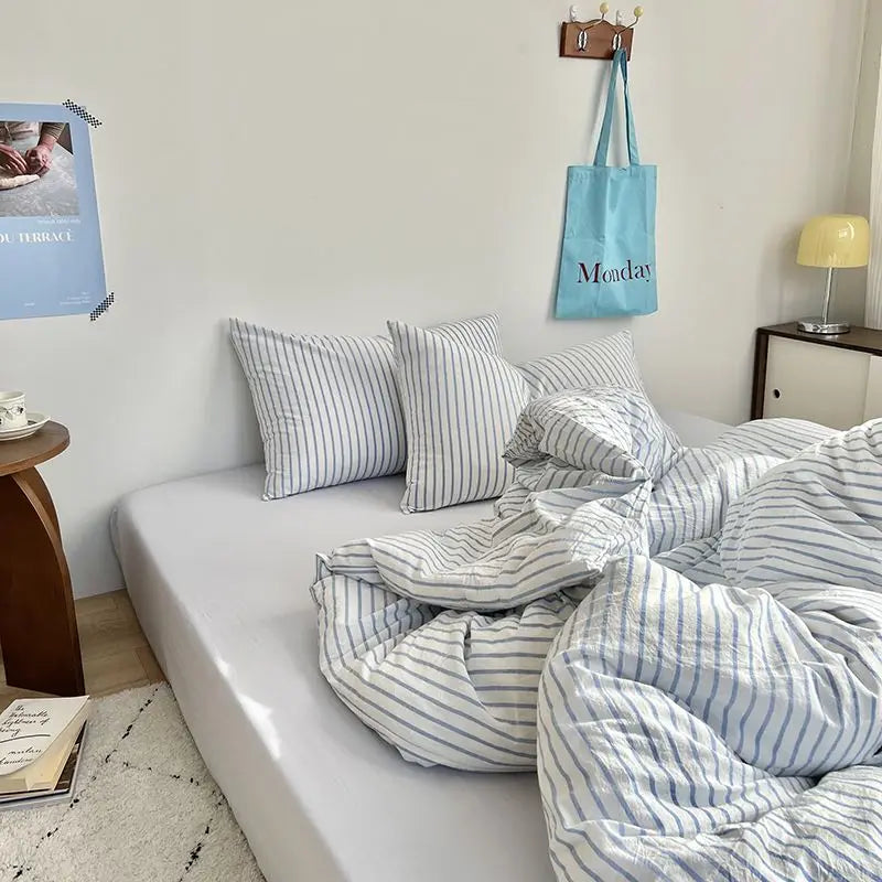 Ins Style Bedding Set Duvet Cover Wash Cotton Stripe Summer Soft Cool Summer Bed Sheet Set Comforter Set Quilt Cover
