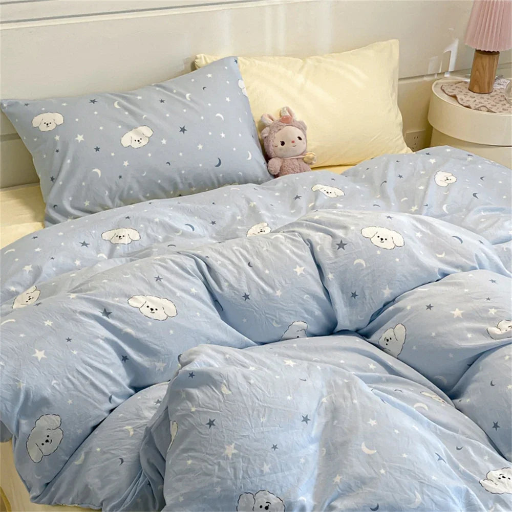 Floral Printed Duvet Cover with Pillowcase Bedding Set Washed Cotton Skin-friendly Four Pieces Set Duvet Cover Set with Sheet