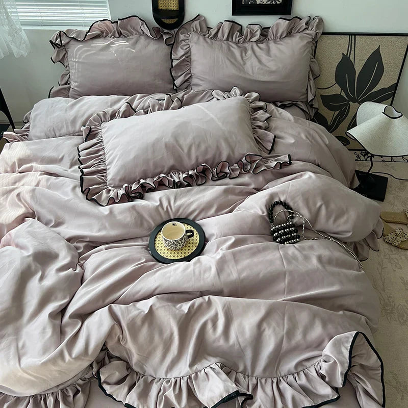3/4Pcs Korean Princess Style Ruffles Bedding Set Skin-friendly Soft Silky Cool Feeling Duvet Cover Set Bed Sheet Pillowcases
