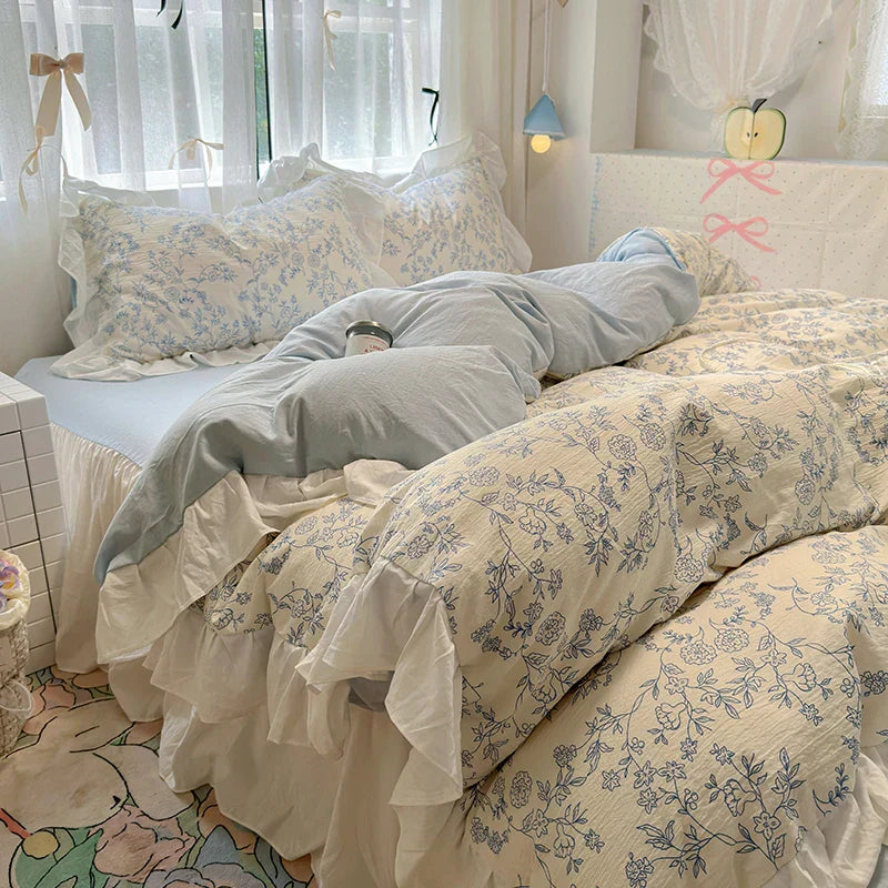 Bedding Set Korean Style New Small Floral Water Washed Cotton Lace Duvet Cover Set Queen Size