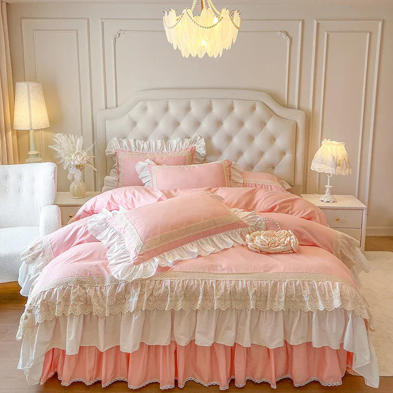 4/6Pcs Vintage French Double Layer Ruffles Princess Wedding 100% Cotton Bedding Set Duvet Cover Bed Skirt Bedspread Pillowcases