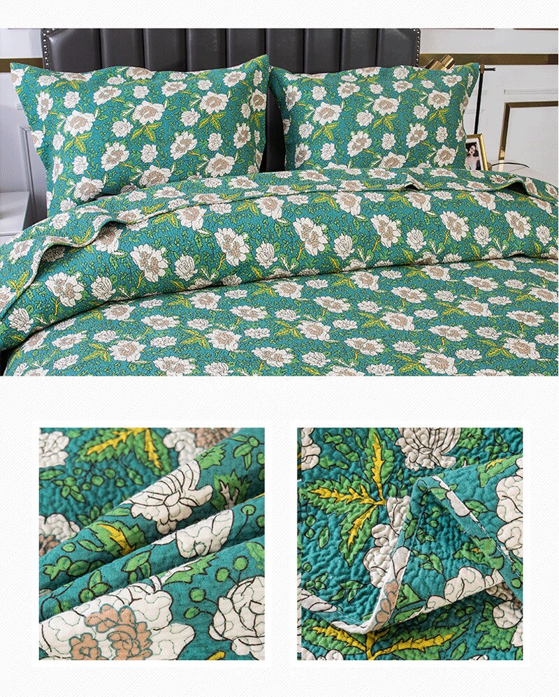 Double Bed Cotton Green White Flowers 3pcs Printed Quilted Quilt Pillowcase Free Shipping