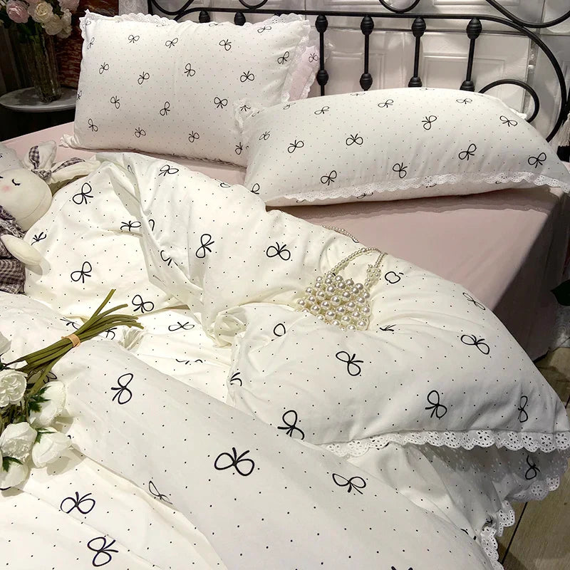 2025 Princess Bedding Set Lace Bow Simple Fresh Duvet Cover Flat Fitted Sheet Pillowcases Home Textile For Women Girl Queen Size