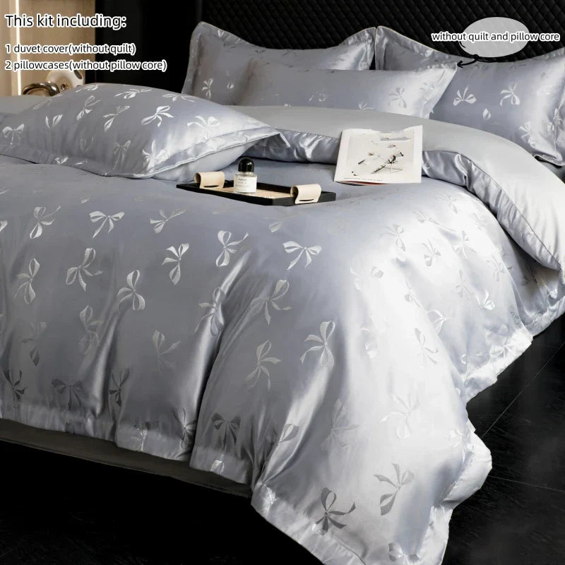 3pcs Cream color Duvet Cover Set (1*Duvet Cover + 2*Pillowcase, Without Core), bow jacquard Bedding Set