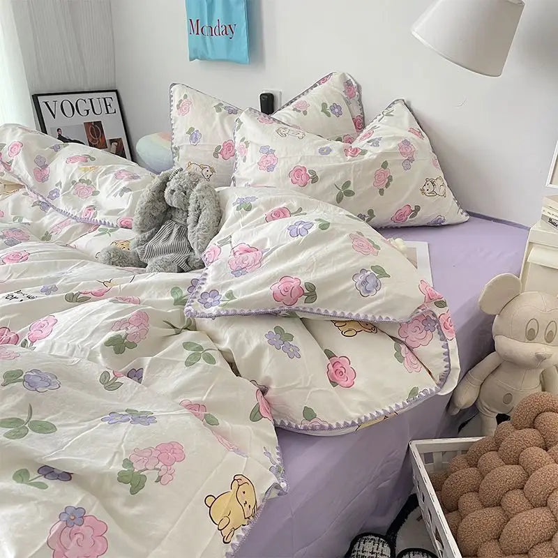 Bedding Set Flora INS Girls 4 New Tulip Rabbit Double-layer Bed Set Of Four Pieces Washing Cotton Bed Sheets Duvet Cover Set