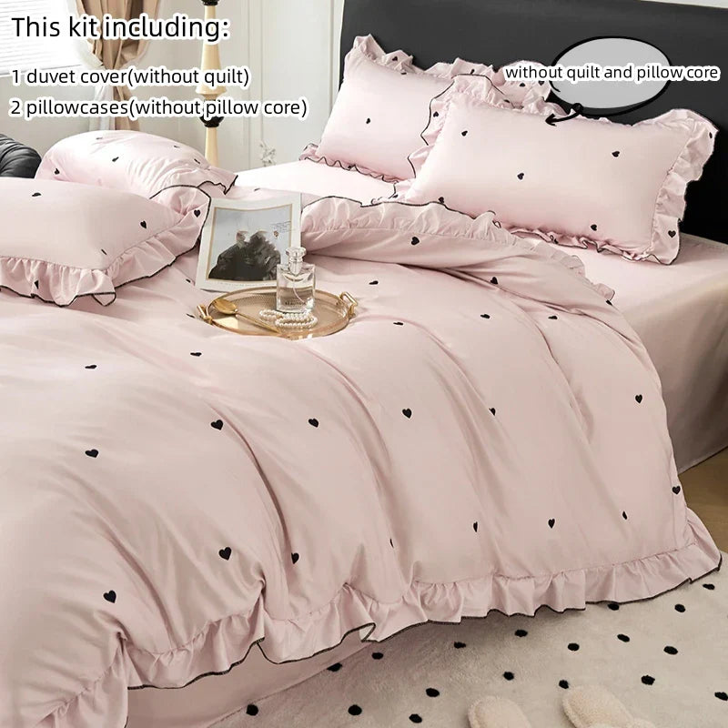 3pcs Korean lace Duvet Cover Set (1*Duvet Cover + 2*Pillowcase, Without Core), Black dot print print Bedding Set