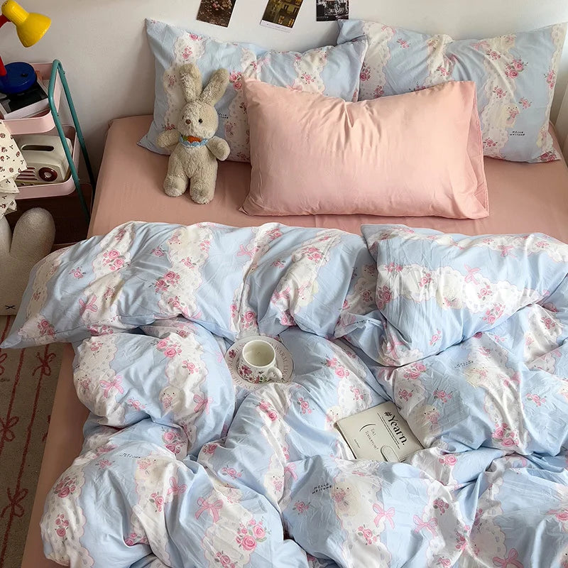 Bed Linen Bedding Set A-Class Washed Cotton Four-Piece Bed Sheets Set Comfort Sets Solid Couple Bed Quilt Cover Home Textile
