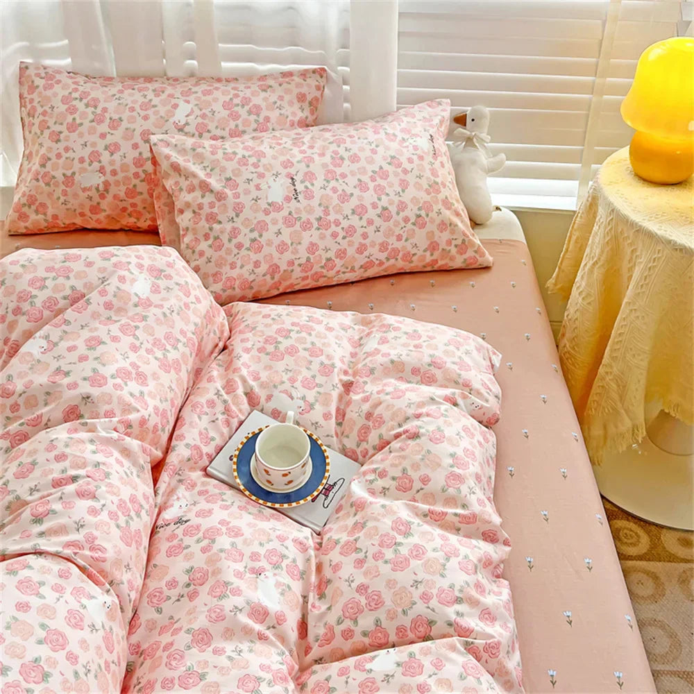 Pink Floral Bedding Set Soft Ins Duvet Cover Flat Sheet Pillowcase Girls Flower Polyester Home Bed Linen Single Double Ful Size