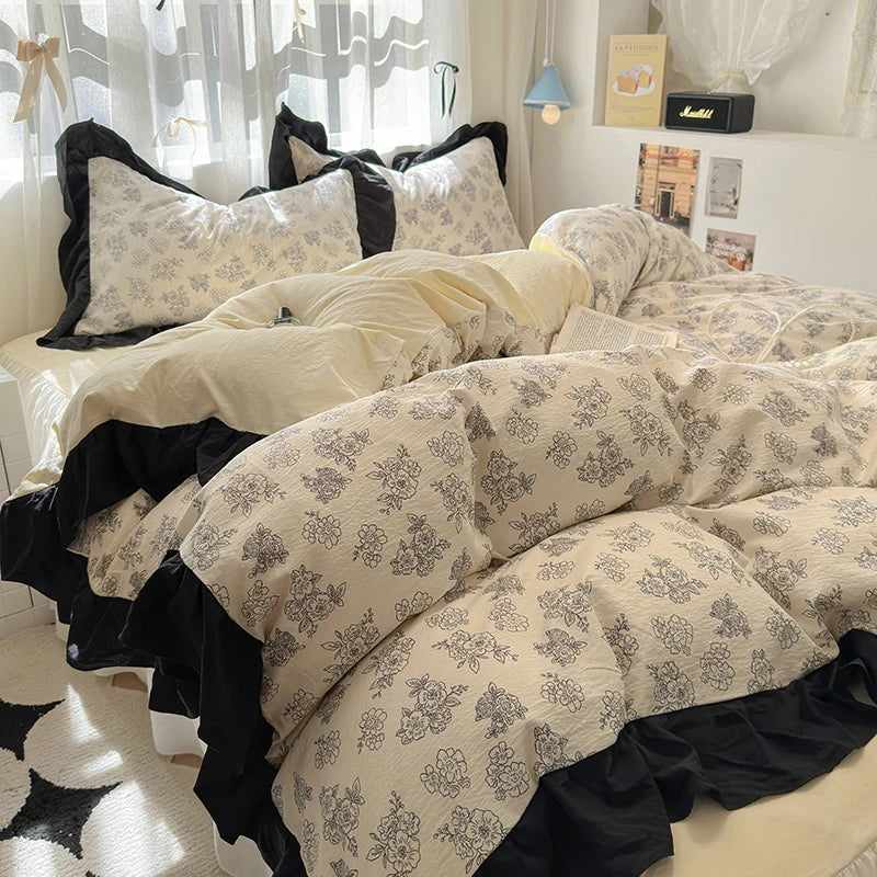 French Romantic Style Bedding Set Princess Skin Friendly And Comfortable Quilt Cover Lace Washed Cotton Printed Duvet Cover Set