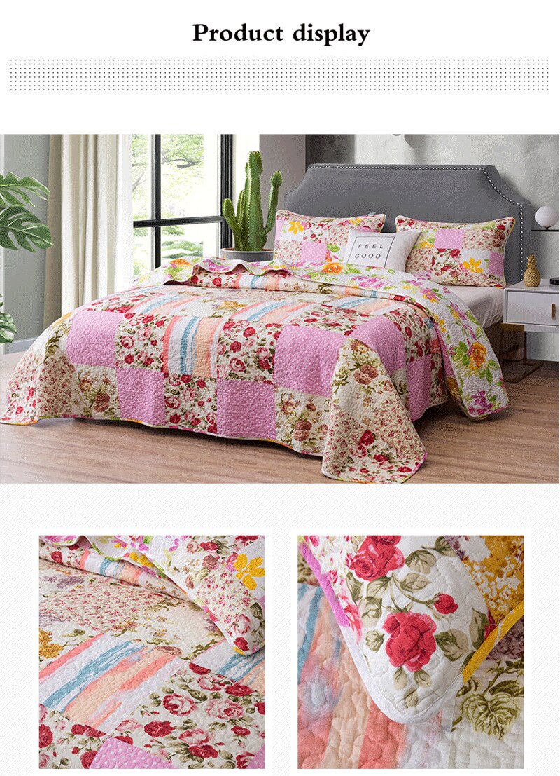 Double Bed Cotton Printed Floral Rose 3 Piece Quilted Quilt Pillowcase Free Shipping