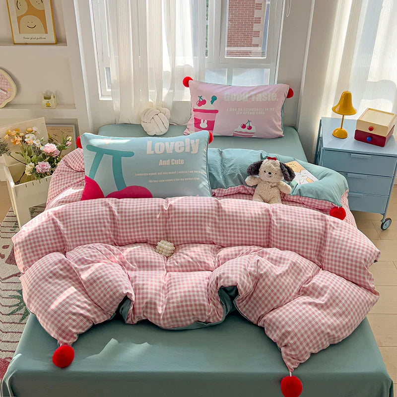 4pcs Grid positionin bedding Set (1*Duvet Cover +1 flat sheet + 2*Pillowcase, Wool ball decorative duvet cover pillowcases