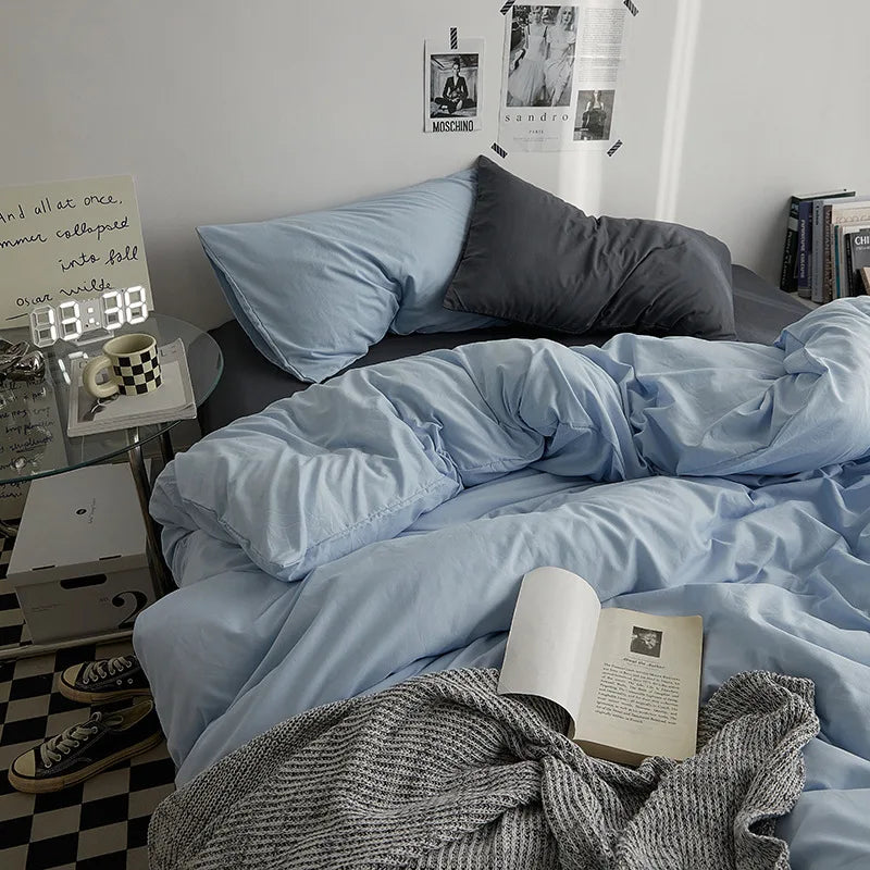 Bed Sheet Set Ins Style Double Color Washed Cotton Bed Sheet Quilt Cover Sheet 3-piece Set Comforter Set Queen King Size