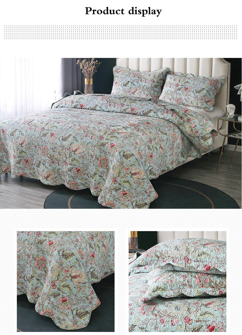 Double Bed 100% Cotton Plants And Flowers 3pcs Printed Quilted Quilt Pillowcase Free Shipping