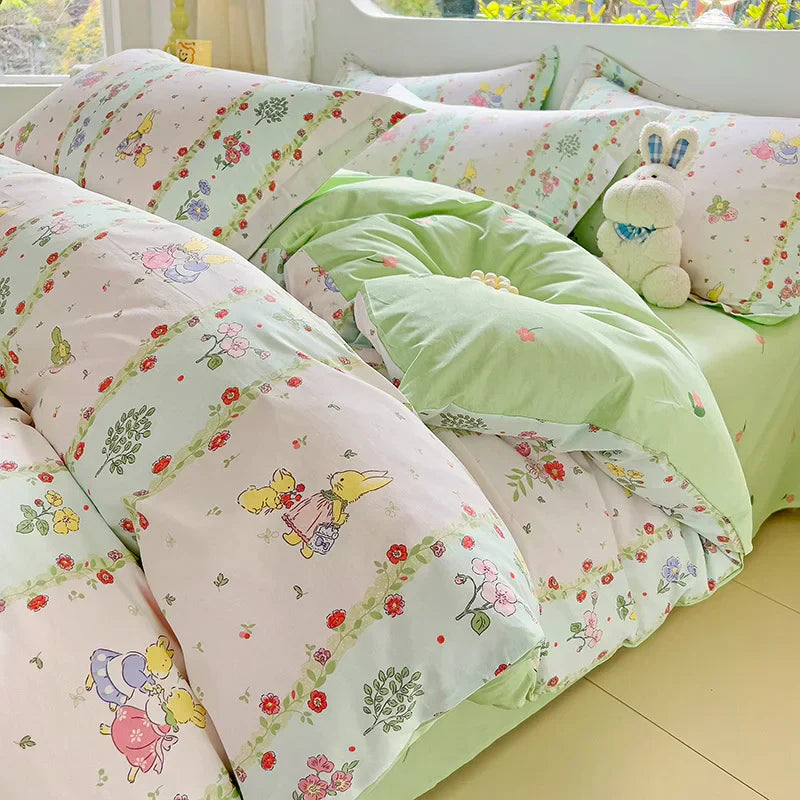 2025 Hot Flora Style Bedding Set Princess Printed Four Piece Set Flowers Bed Sheet Set Duvet Cover Queen King Size Home Decor