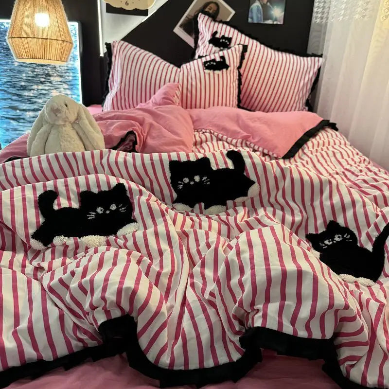 Korean Style Bedding Set Green Strip Black Cat Embroidery Washed Cotton Duvet Cover Cute Cardboard Bed linen Comforter Sets
