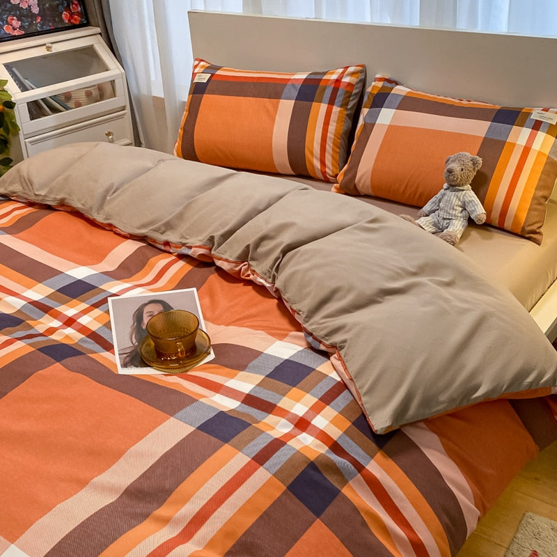 100% Cotton Plaid Geometric Bedding Set Knit Bed Linens Sheet Pillowcase Home Textile Soft Bed Linen