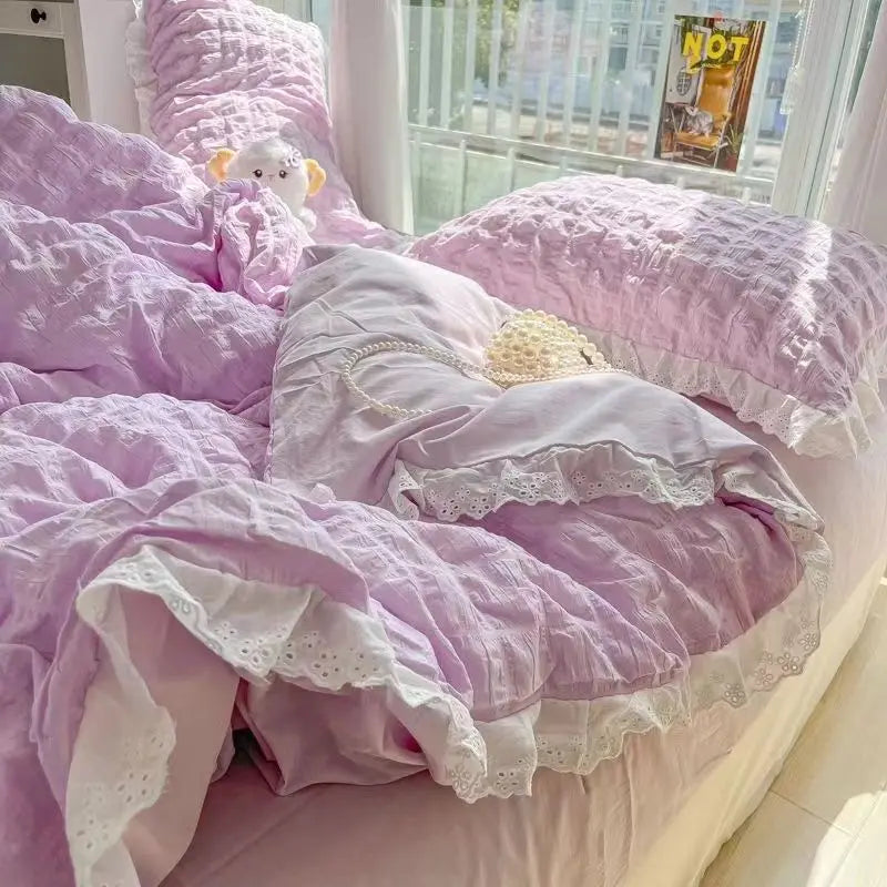 Korean Princess Bedding Set Duvet Cover Ins Style Wash Cotton Solid Color Summer Soft Bed Sheet Set Comforter Set Quilt Cover