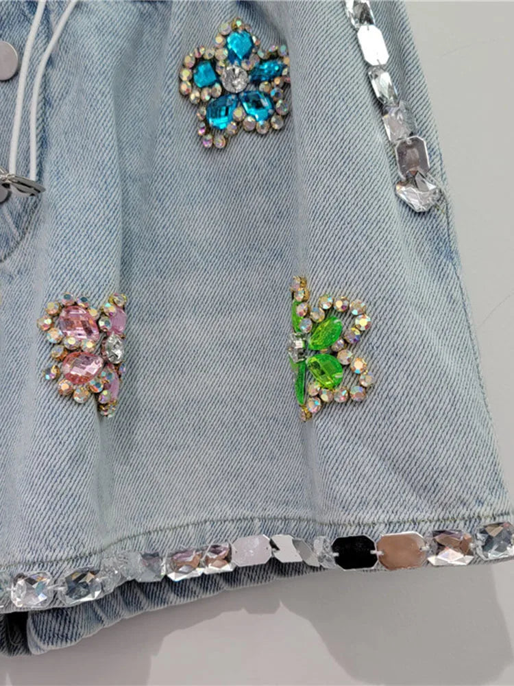 Handmade Flower Diamond Embedding Wide Leg Denim Shorts