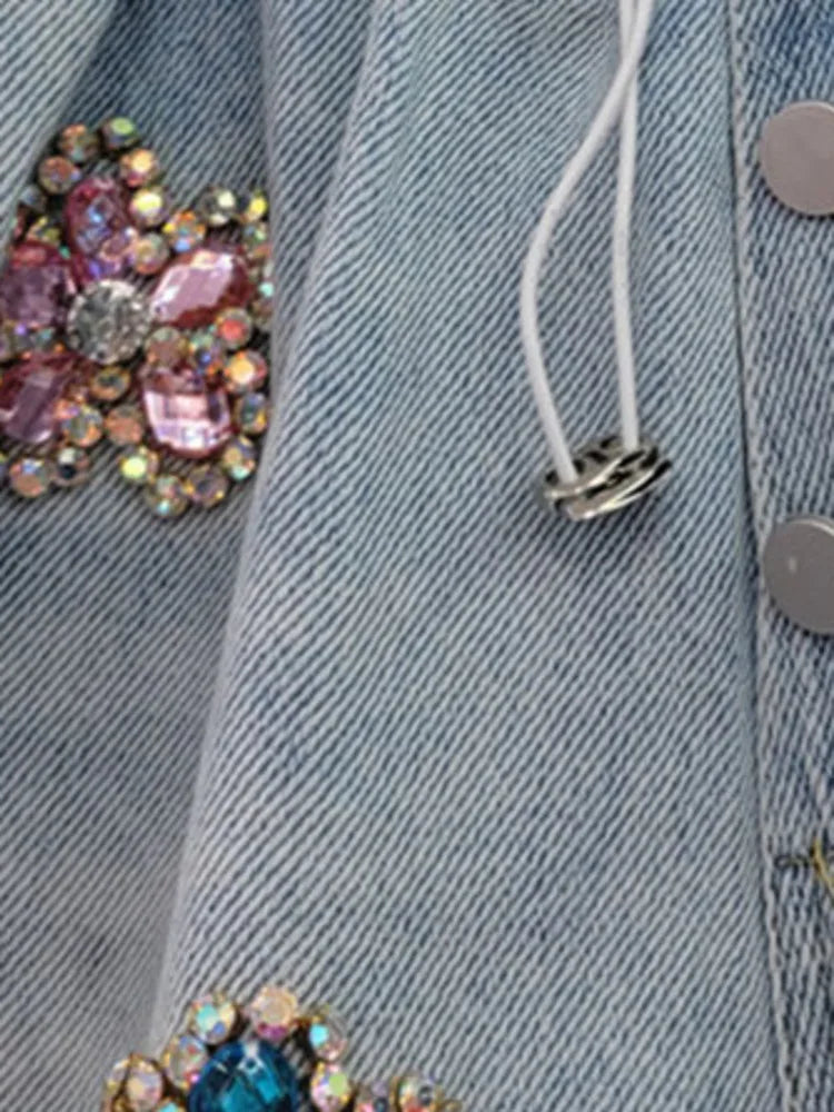Handmade Flower Diamond Embedding Wide Leg Denim Shorts