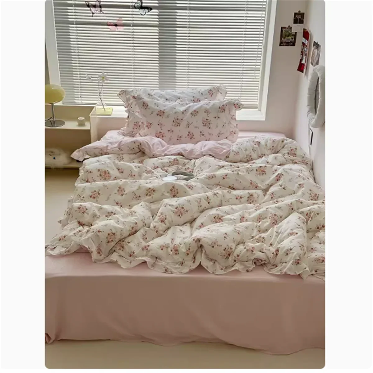 Cute Princess Fashion Lattice Bedding Set Bed Sheet AB Double Sided Ruffle Flower Quilt Cover Pillowcase Bedclothes Home Textile