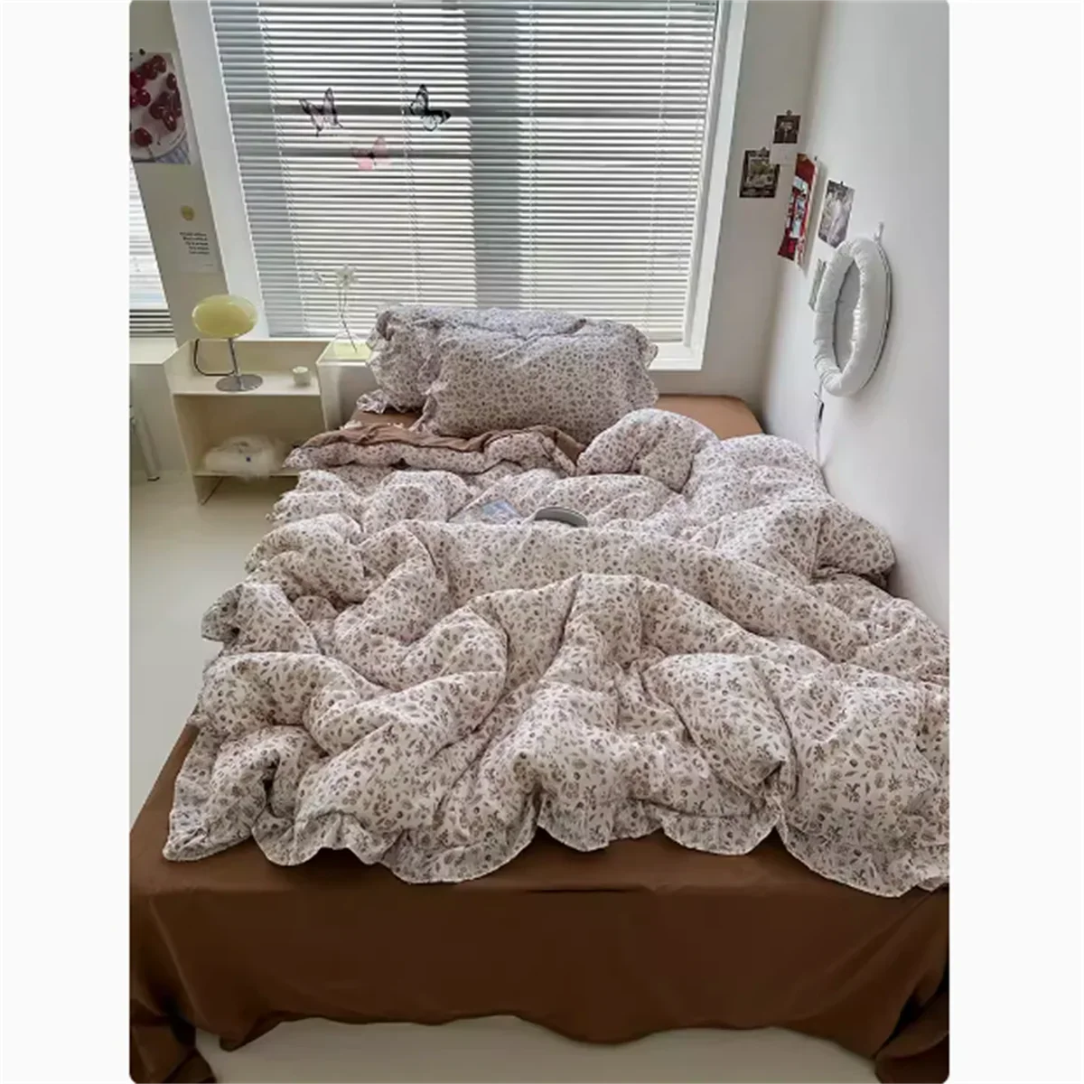 Cute Princess Fashion Lattice Bedding Set Bed Sheet AB Double Sided Ruffle Flower Quilt Cover Pillowcase Bedclothes Home Textile