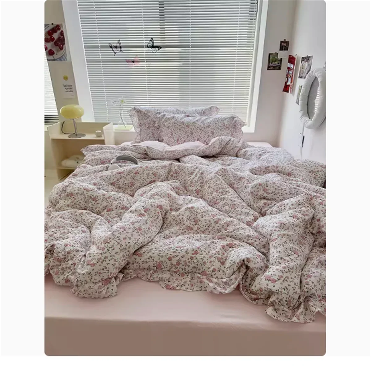 Cute Princess Fashion Lattice Bedding Set Bed Sheet AB Double Sided Ruffle Flower Quilt Cover Pillowcase Bedclothes Home Textile