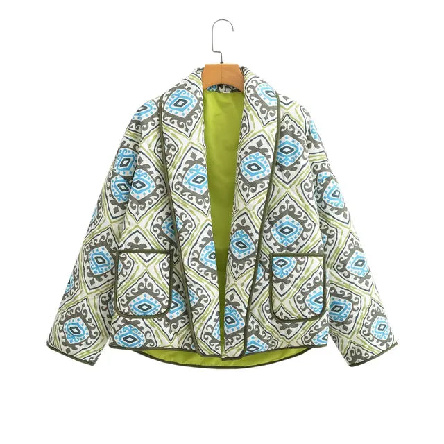 Green Paisley Flower Print Lapel Quilted Jacket