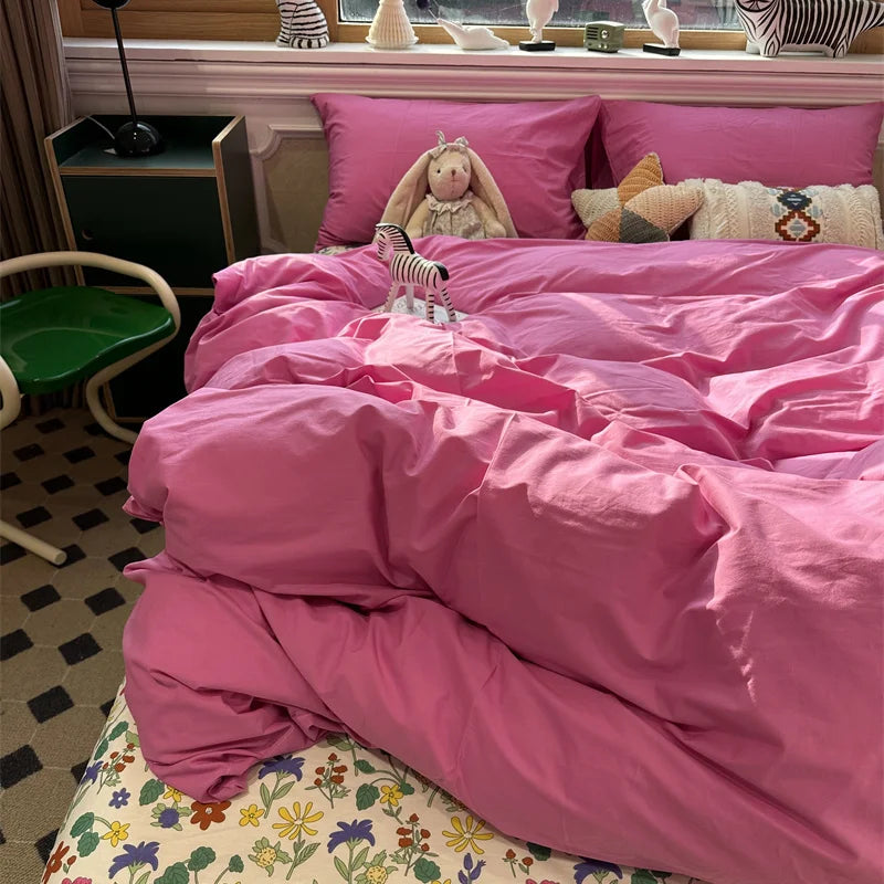 Fashion Style Pink Bedding Set Soft Flower Duvet Cover Pillowcase Bed Flat Sheet Set For Girl Women Twin Full Queen Bedclothes