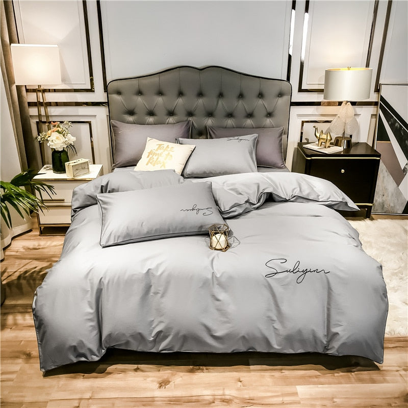 Four-piece bedding simple cotton double household bed sheet quilt cover embroidered twill comfortable bedding light grey