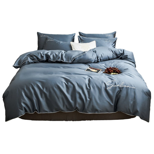 Four-piece bedding simple cotton double household bed sheet quilt cover embroidered piping comfortable bedding blue color