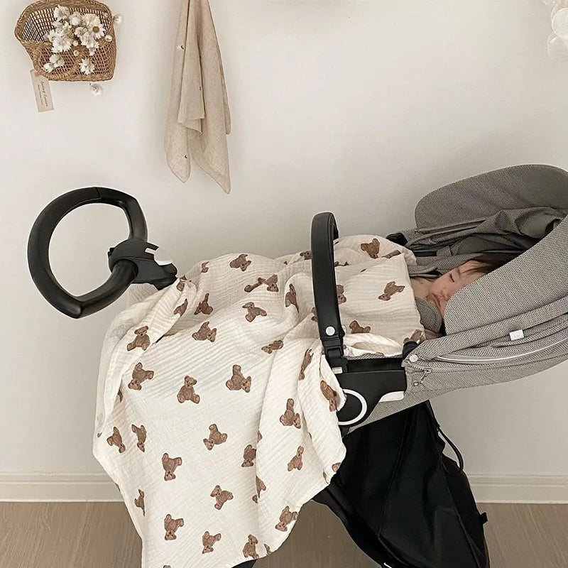 Bear Print Baby Blankets Newborn Muslin Cotton Gauze Swaddle Wrap Bedding Infant Girls Boys Sleeping Blanket Babies Accessories