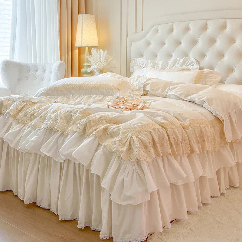 4/6Pcs Vintage French  Double Layer Ruffles Princess Wedding 100% Cotton Bedding Set Duvet Cover Bed Skirt Bedspread Pillowcases