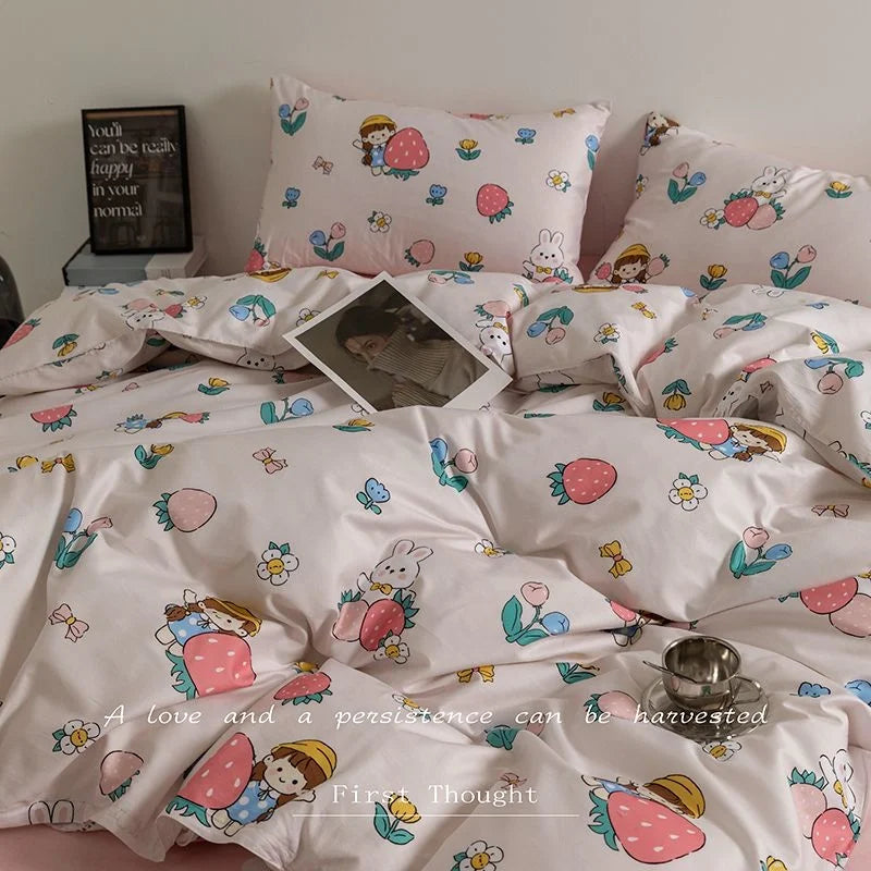Fashion Style Pink Black Bedding Set Soft Flower Duvet Cover Pillowcase Bed Flat Sheet Set For Girl Double Queen King Bedclothes