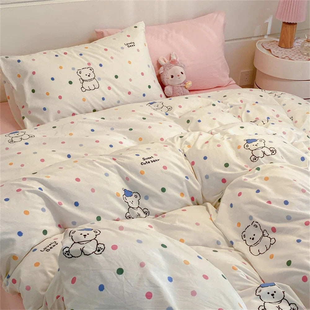 Floral Printed Duvet Cover with Pillowcase Bedding Set Washed Cotton Skin-friendly Four Pieces Set Duvet Cover Set with Sheet