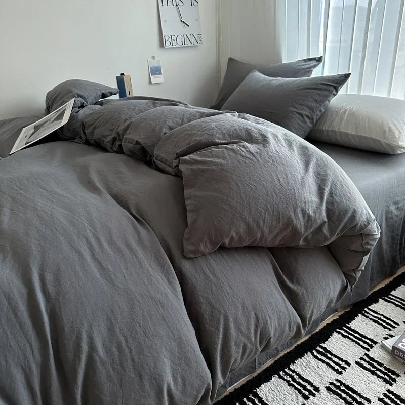 Bed Linen Solid Cotton Bedding Set with Sheet Duvet Cover Pillowcases Single Couple Bedsheet King Queen Double Twin Size