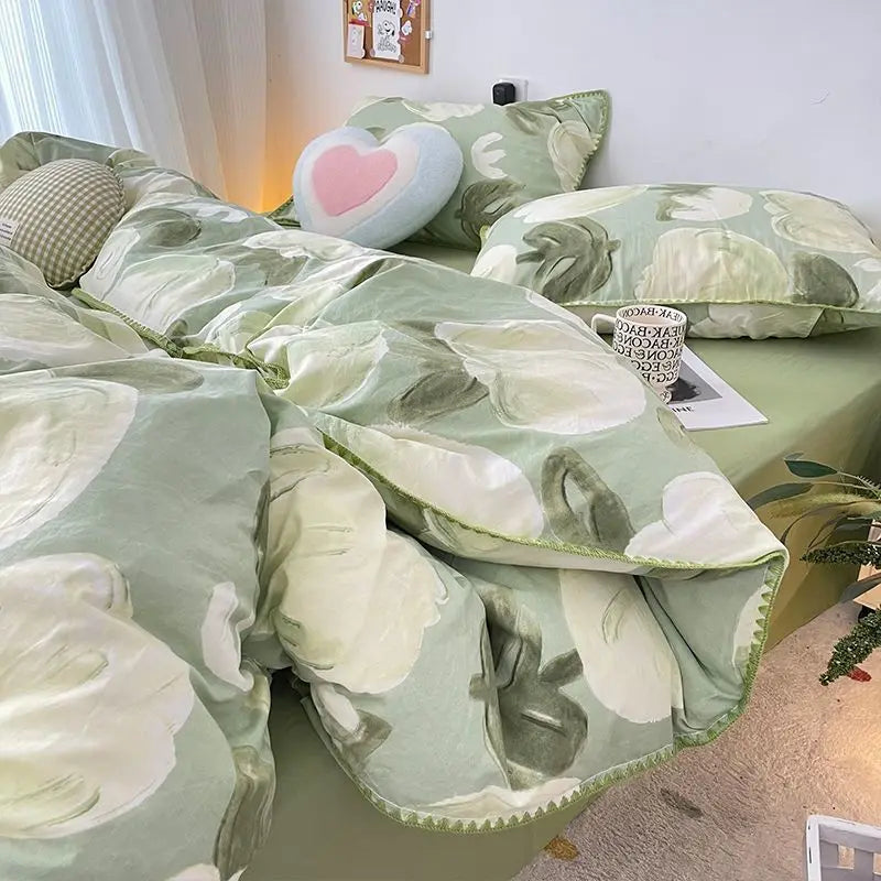 Bedding Set Double Layered Yarn INS Girls Mushroom Soft Washed Cotton Bed Sheet Queen King Size Duvet Set Pillowcase Bed Sheet