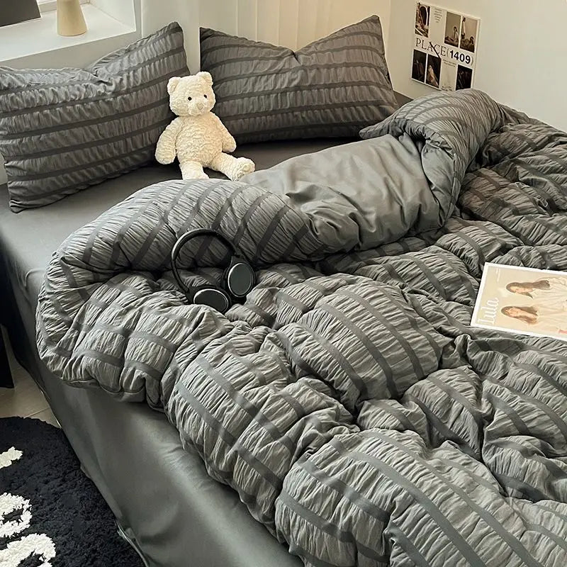 Bedding Set, Checkered Bubble Wash Cotton Quilt Set, Four Pieces, Ins Korean High Quality Bedding Sheet Set, Dormitory 3 Pcs