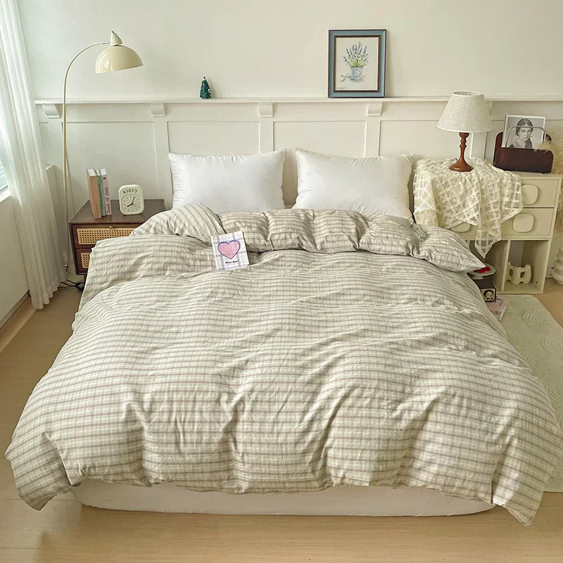 2025 New All-cotton Washed Cotton Single Quilt Set Printed Plaid Duvet Cover 150x200 220x240 Skin Friendly Bedding