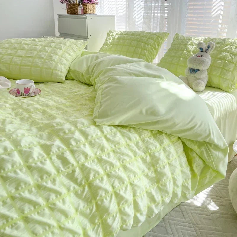 Check Bubble Fabric Bed Set Pucker Duvet Cover Pillowcase Bedding Set Bed Sheet Quilt Cover Single Queen King Size 4 Pieces Sets