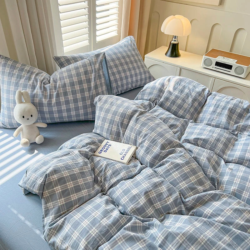 4 New Lattice Duvet Cover Set with Sheet Pillowcases No Filling Warm Bed Linen Twin Full Queen Size Grid Home Bedding Set