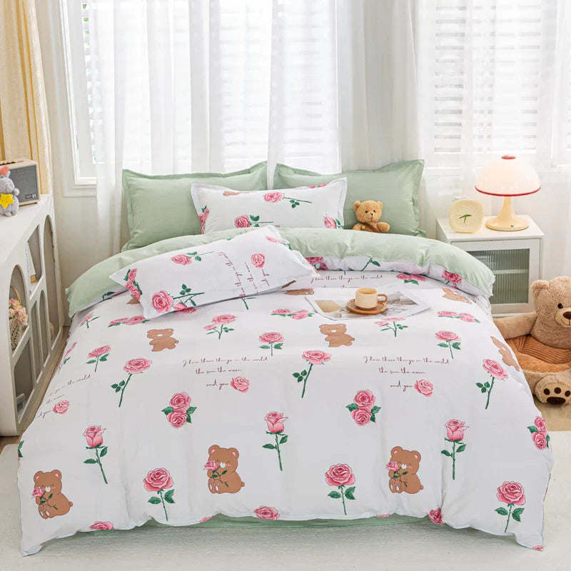 Cartoon Print Home Bedding Set Simple Fresh Comfortable Duvet Cover Set with Sheet Comforter Covers Pillowcases Bed Linen