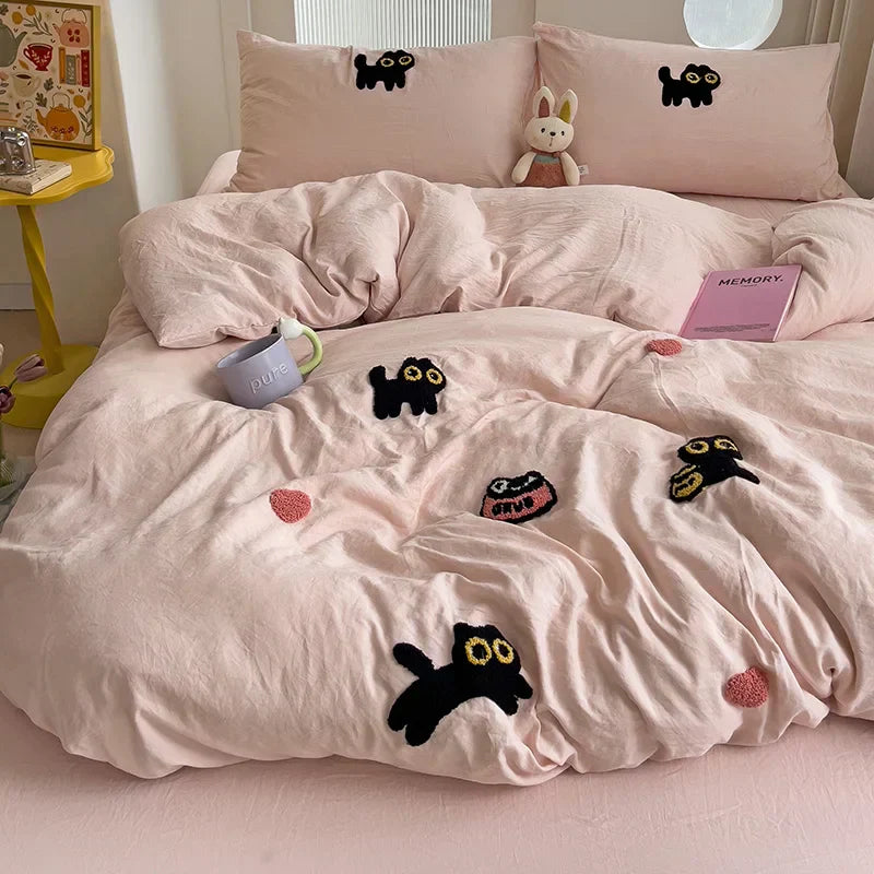 Bedding Set Super Soft Washed Cotton Towel Embroidery Duvet Cover Four Piece Set - Lucky Cat Series