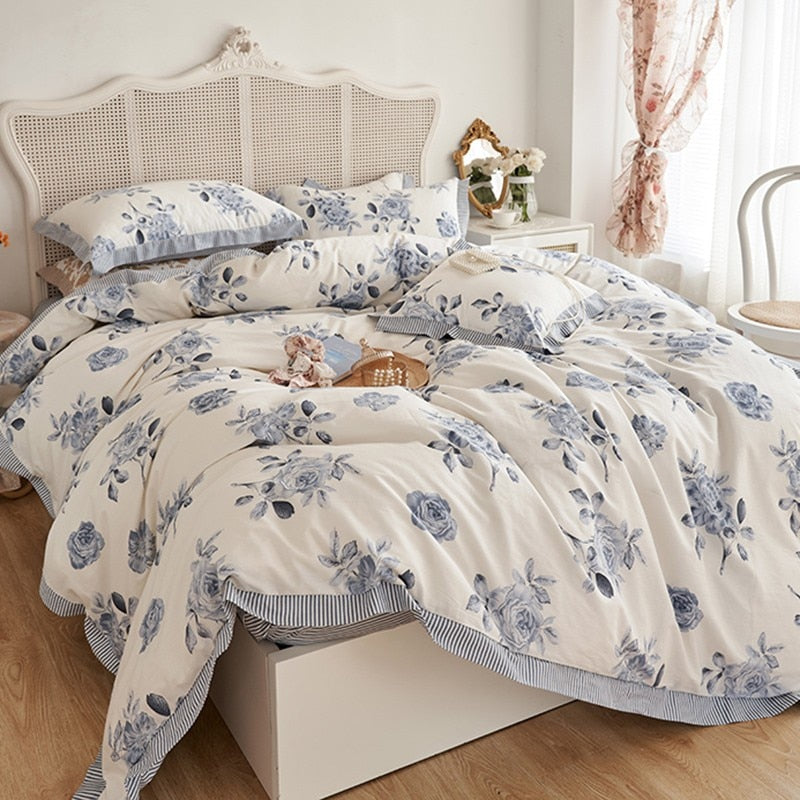 Floral Blossom Print Duvet Cover Blue White Botanical 100%Cotton Comfy 4Pcs Double Queen King Bedding Set Bed sheet Pillowcases