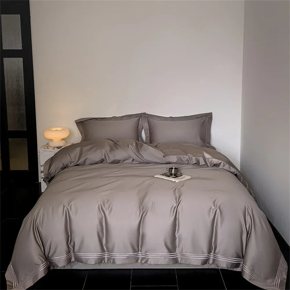 1200TC Embroidered Egyptian Cotton Bedding Set 4pcs King Queen Size Solid Sheet Duvet Cover Pillowcase Bed Linens