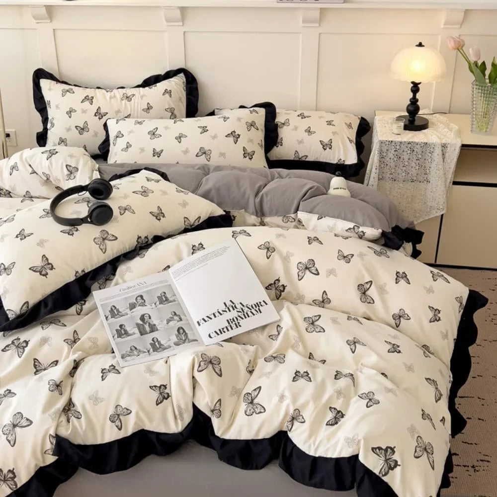 French New Class A Bed Set Four-piece Set Comforter Washed Cotton Four-season Skin Friendly Quilt Cover Three-piece Bedding Set