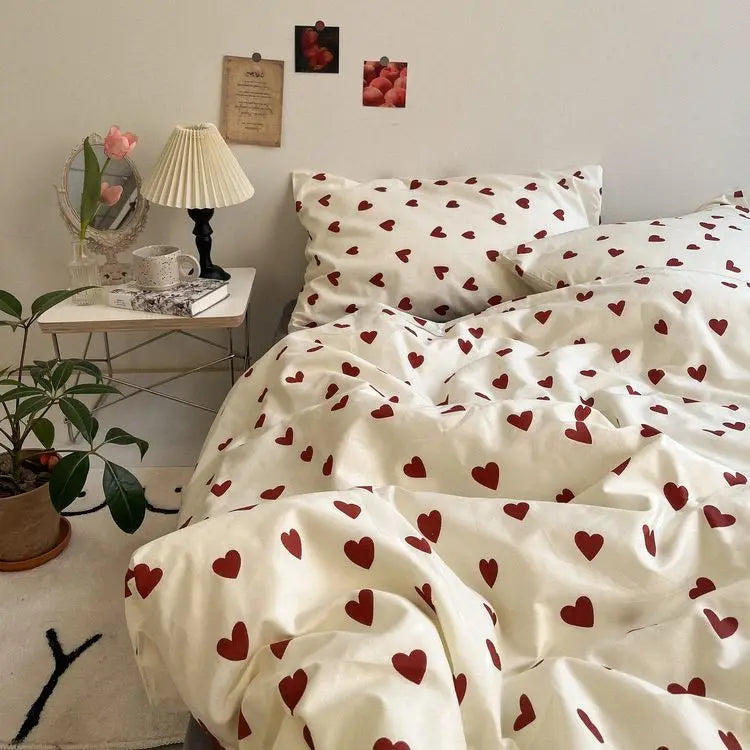 Korean Style Bedding Set Twin Queen Size Cute Cream Cherry Duvet Cover Flat Sheet Pillowcase Polyester Princess Girl Bed Linen