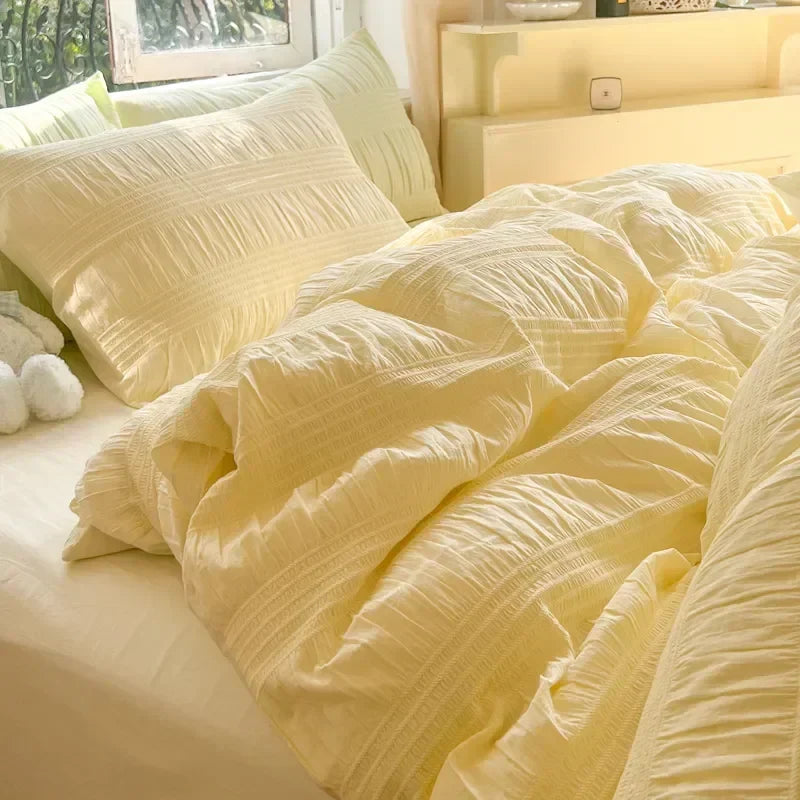 Korean Princess Seersucker Bedding Set Duvet Cover Flat Sheets Pillowcase Bed Sheet Set Soft Comforter Cover Bed Linens Set