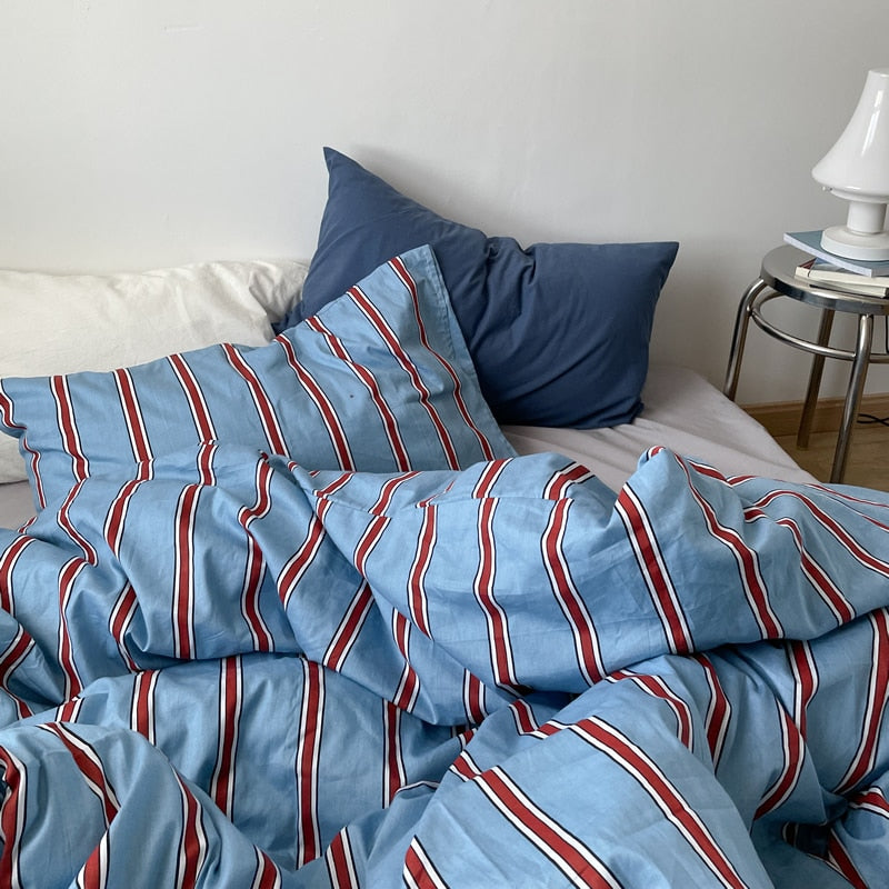 New 100% Cotton Blue Bedding Set Luxury Simple Striped Bed Sheet Quilt Cover Pillow Case Bed Hat Fashion Design 2.0m/1.2m Bed