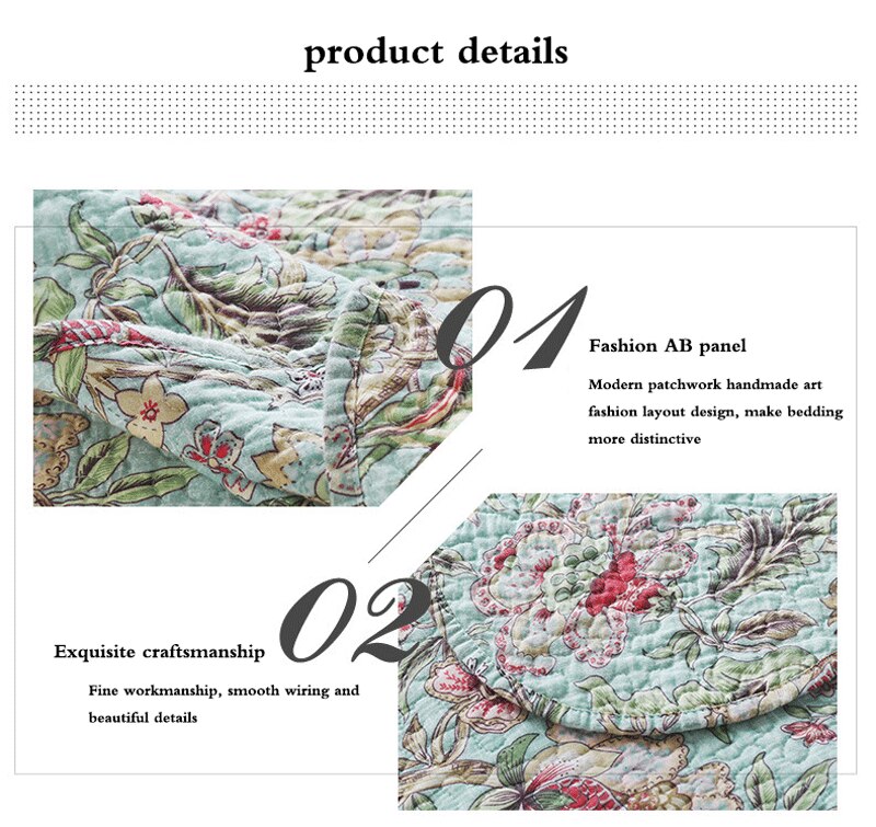 Double Bed 100% Cotton Plants And Flowers 3pcs Printed Quilted Quilt Pillowcase Free Shipping
